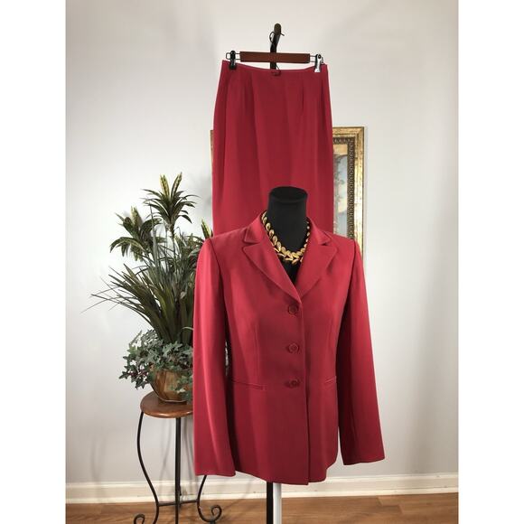 Kasper Women 2 Pc Skirt Jacket 4P Red Long Sleeve Clueless Preppy Office Siren - Picture 1 of 10